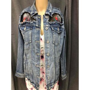 Arizona Jean Co Blue Distressed Denim Jacket Embroidered bodice Womens Small